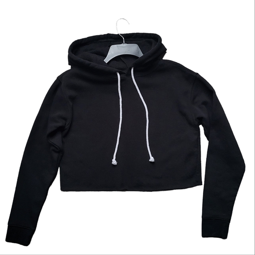 New Women's Black Cropped Hoodie Raw Edged Hem Drawstring Hood Loose Wild Fable